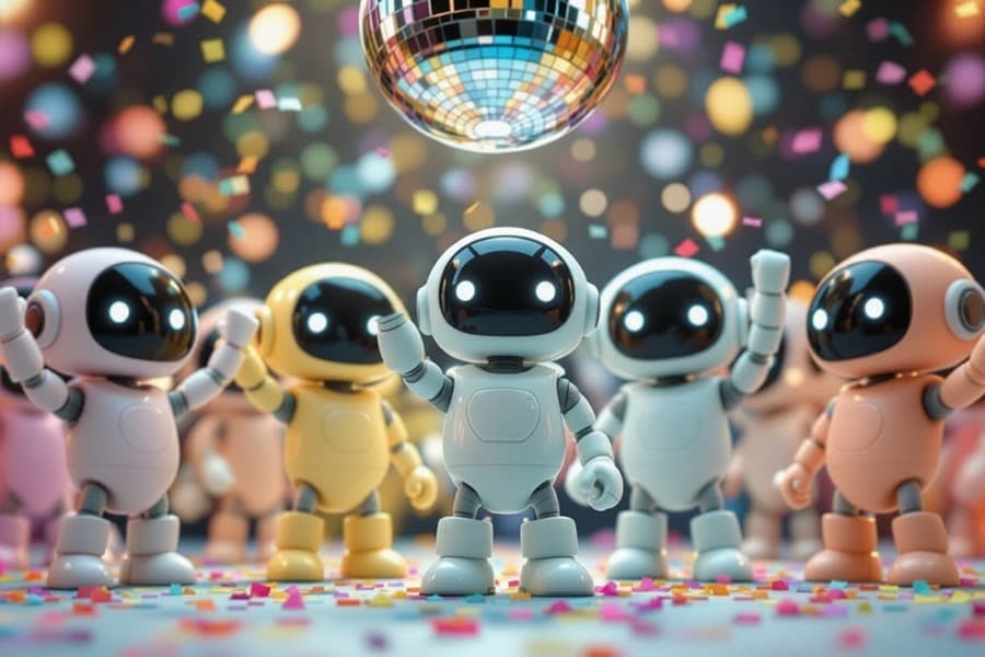The DreamBot robots at a party under a disco ball
