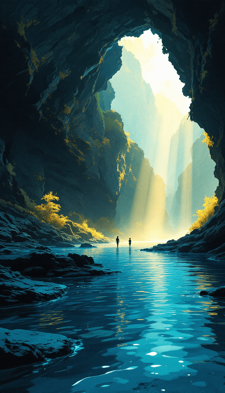 A nightly dream postcard — a Hawaiian lava tube with two figures for scale, painted in soft illustration register.