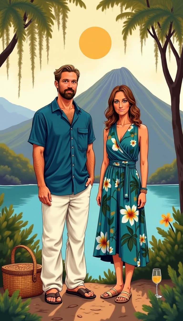 An illustrated postcard of two people on a Hawaiian shore with a volcano in the background.