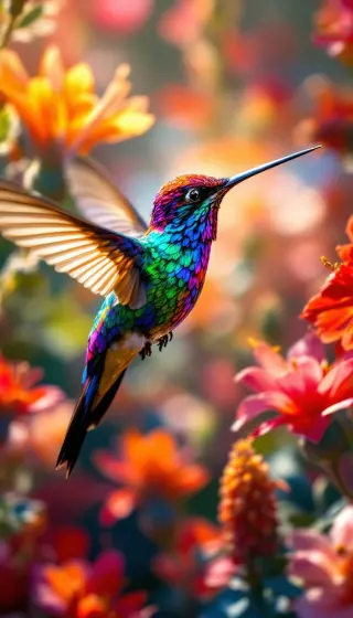 Rainbow iridescent hummingbird hovering among glowing red and orange blossoms