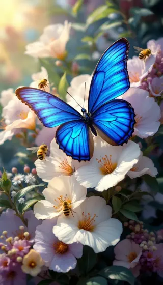 Bright blue butterfly resting on white blossoms with honeybees nearby