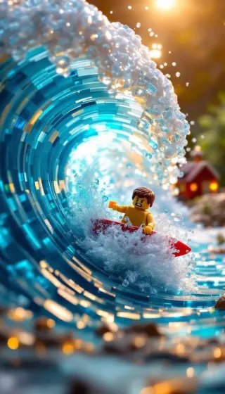 Brick surfer riding a curling turquoise wave in golden sunlight