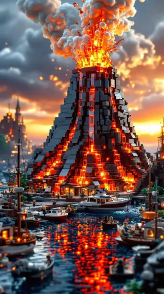 Glowing brick volcano erupting above a harbor of boats at sunset