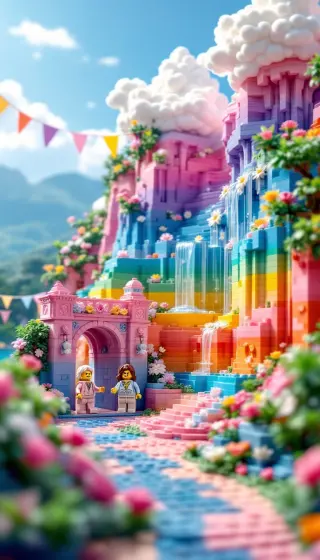 Rainbow brick cliffs with waterfalls, flowers and a pink castle gate