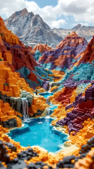 Striped orange and purple brick canyon around a turquoise pool and waterfalls