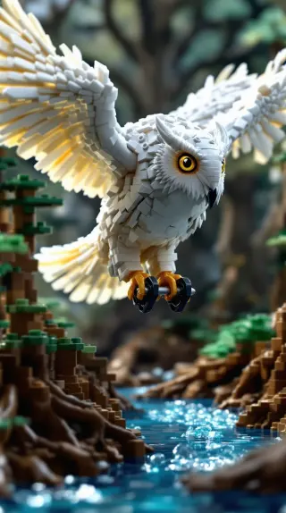White brick owl swooping low over a sparkling forest stream