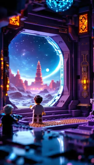 Brick explorers gazing through a purple starship window at an alien city