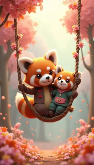 Two red pandas sharing a rope swing among pink blossoms