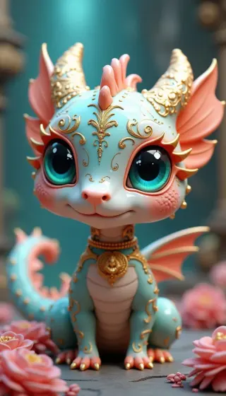 Mint baby dragon with gold filigree and big teal eyes among roses