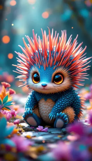 Blue hedgehog with fiery coral quills sitting among bright flowers
