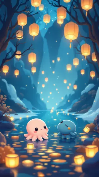 Two baby octopuses floating beneath hundreds of glowing sky lanterns