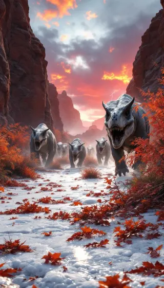 Horned dinosaur herd charging through a snowy red canyon of autumn leaves