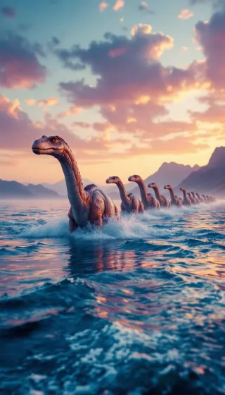 Line of long-necked dinosaurs wading through the sea at a pink sunset