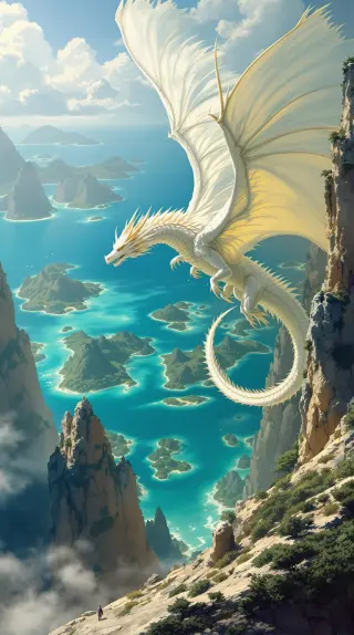 Pale white dragon soaring over turquoise sea dotted with green islands