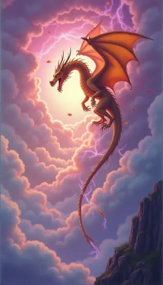 Copper dragon gliding through a swirl of pink storm clouds