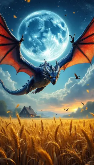 Blue dragon with red wings flying past a full moon above wheat