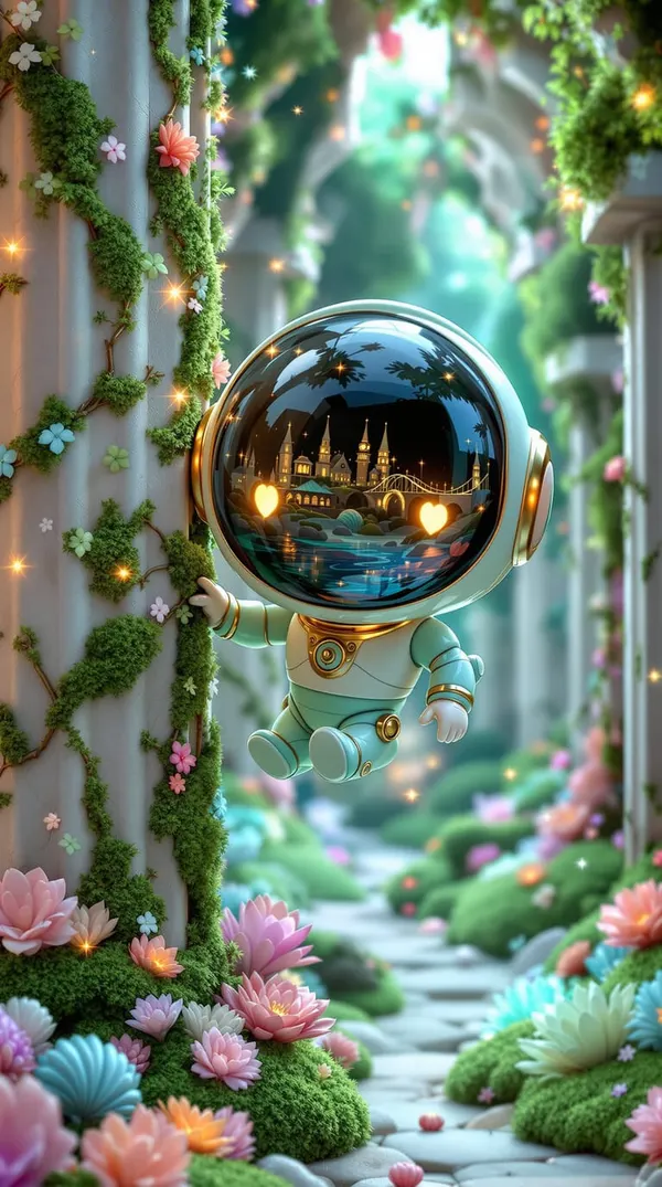 DreamBot: a tiny astronaut robot floating through a flowered colonnade