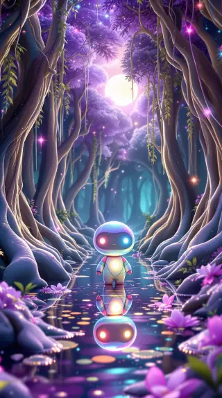Glowing little robot reflected in a stream through a violet moonlit forest