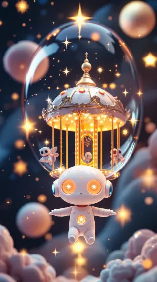 Round robot floating beneath a glowing carousel inside a starry bubble
