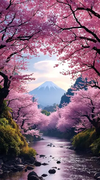 Pink cherry blossoms framing a snowcapped volcano above a rocky river