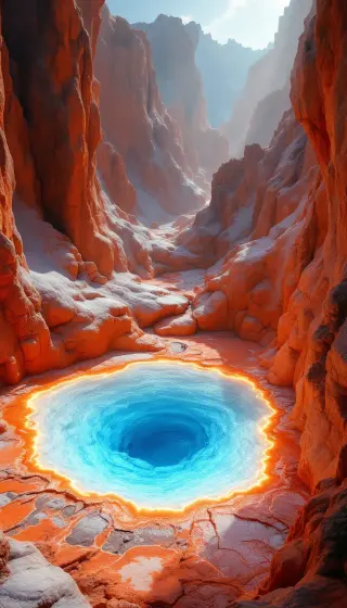 Electric blue hot spring ringed with orange glow inside a sandstone canyon