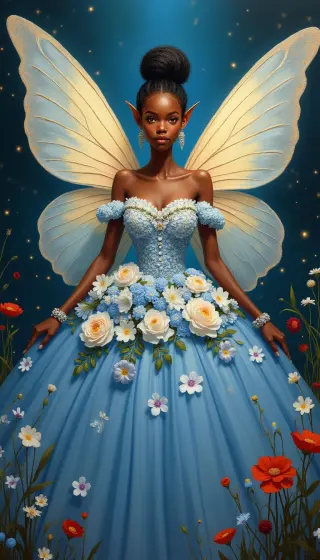 Fairy with pale wings in a blue ball gown covered in roses