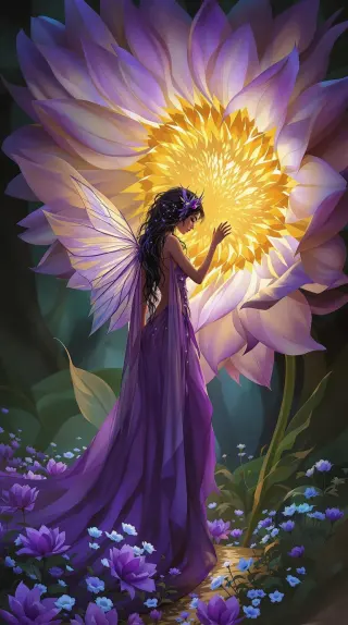 Fairy in a violet gown touching a giant glowing purple flower