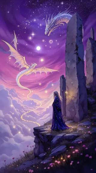 Robed sorcerer on standing stones watching white dragons in a violet sky