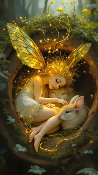 Golden fairy curled asleep with a bunny inside a hollow log