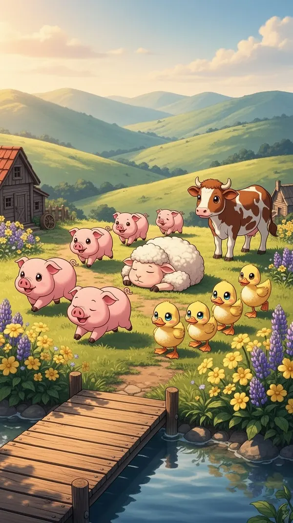 FarmBot: piglets, ducklings, a lamb and a cow in a sunny meadow