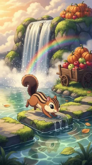 Chipmunk leaping across mossy stones by a rainbow waterfall