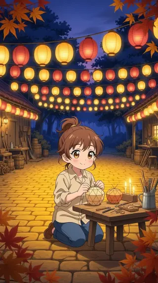 Girl crafting paper lanterns beneath a glowing autumn lantern festival