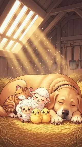 Kitten, lamb and chicks napping against a sleeping dog in sunbeams