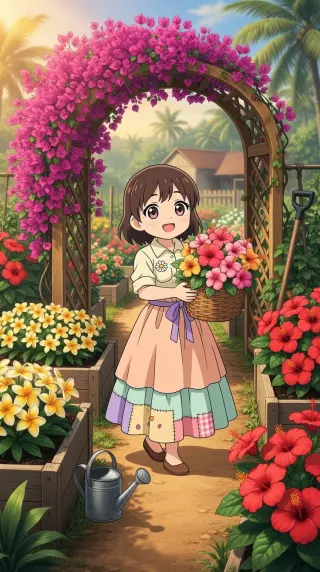 Smiling girl with a flower basket under a magenta bougainvillea arch