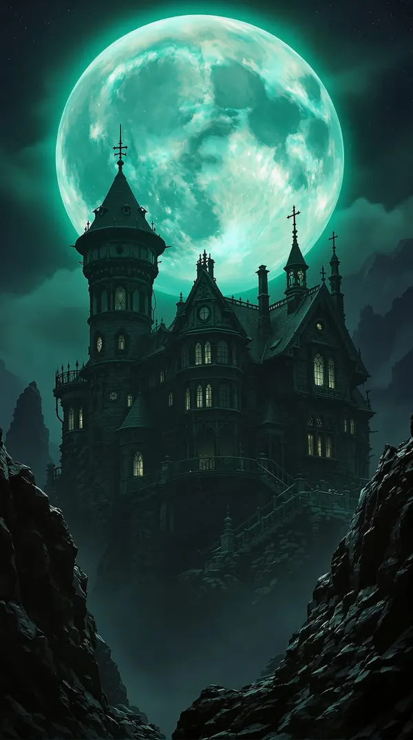 GothBot: a gothic manor on a cliff under a huge green moon