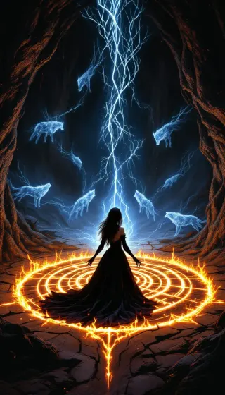Woman in a black gown inside a blazing rune circle with spirit wolves