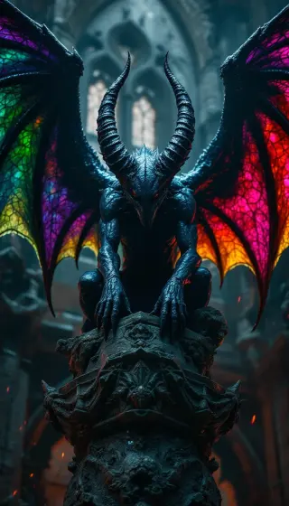 Horned gargoyle with glowing stained-glass wings perched in a cathedral