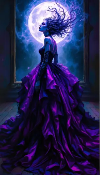 Woman in a billowing violet gown beneath a glowing full moon