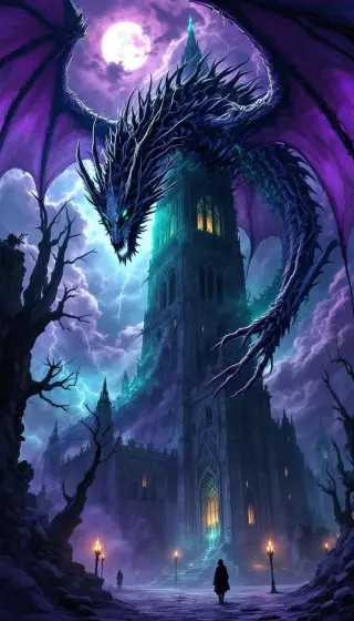 Spiked dragon coiled around a gothic tower in a violet lightning storm