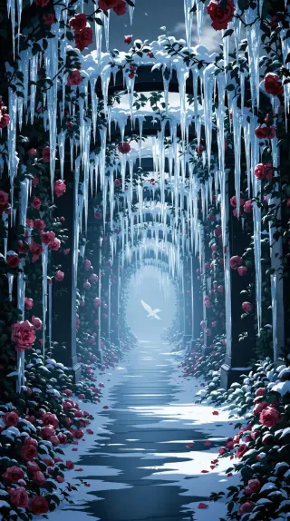 Icicle archway tunnel woven with red roses and a white dove