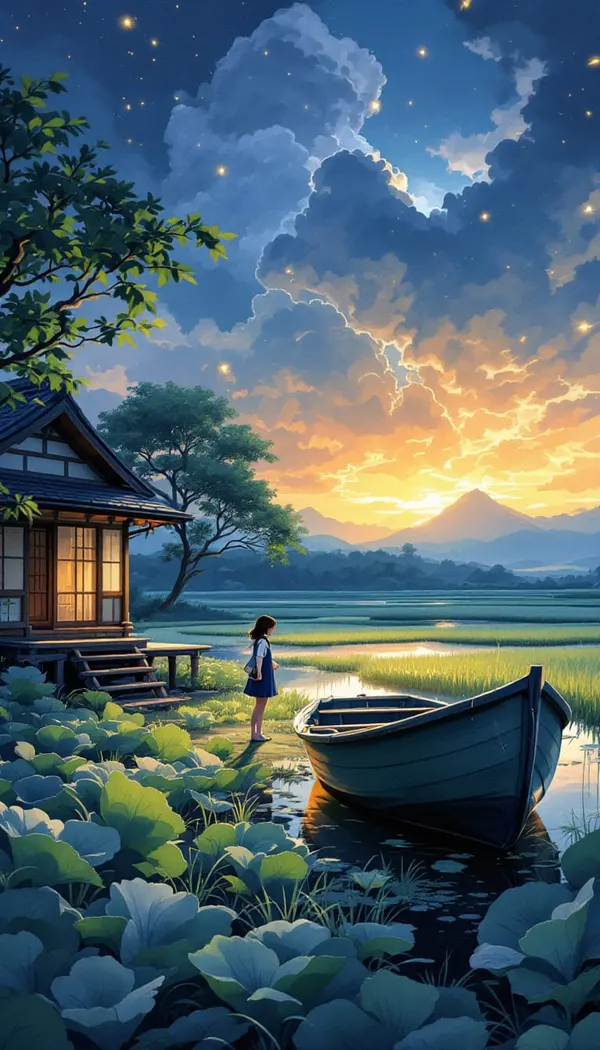 MangaBot: an anime girl by a lakeside cottage under an evening sky