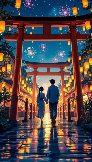 Couple walking hand in hand through lantern-lit torii gates under fireworks