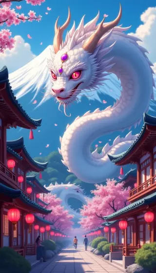 White dragon coiling above a cherry blossom street lined with red lanterns