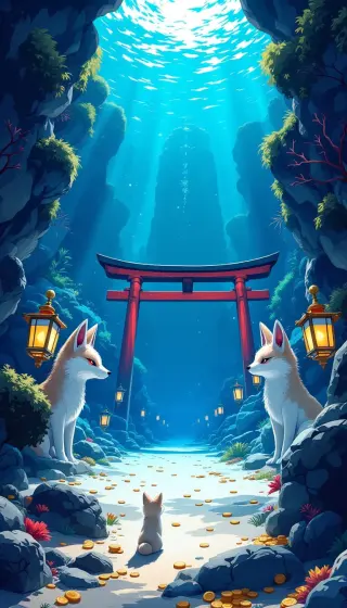 White foxes guarding a red torii gate in a sunlit underwater grotto