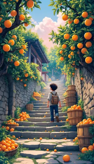 Boy with a backpack climbing stone steps beneath heavy orange trees