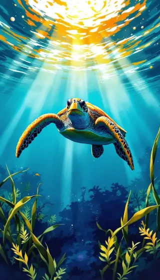 Sea turtle gliding through golden sunbeams above swaying seagrass