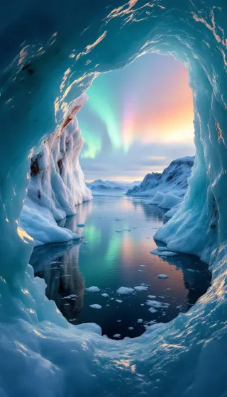 Northern lights reflected in still water seen from inside an ice cave