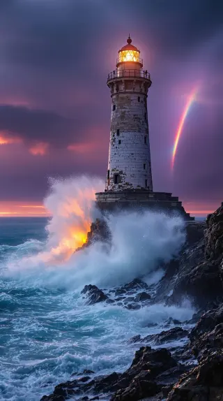 Stone lighthouse glowing at dusk as waves crash below and a rainbow rises