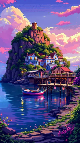 Clifftop island town with a harbor and pink boat at purple dusk