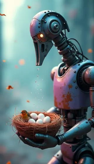 Weathered robot cradling a robin and its eggs in a nest